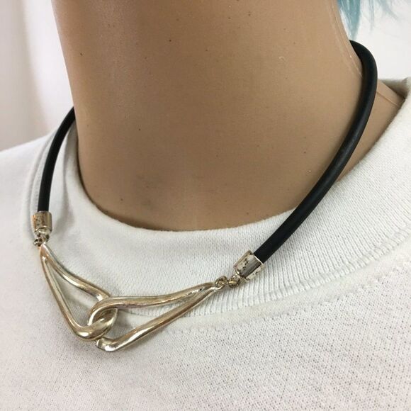 Vintage 1990s Y2K Silver Tone Drop Loop Choker Necklace Rubber Cord - Picture 11 of 14